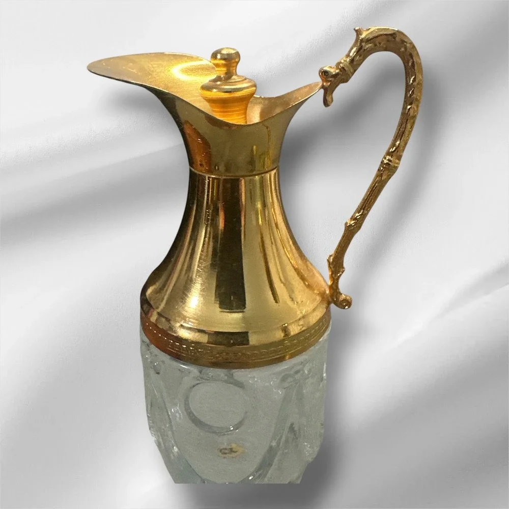 Vintage Italian Gold Tone Glass Decanter Pitcher Dragon Handle 7.25